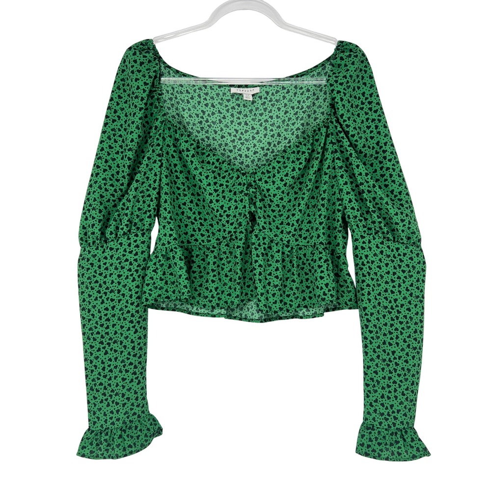 Topshop Blouse Womens 8 Green Heart Print Puff Sleeve Ruffle Hem Peplum Romantic